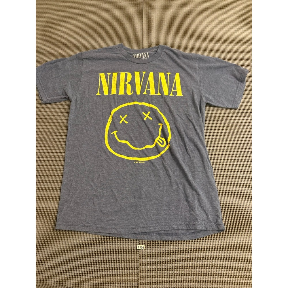 Nirvana Smiley Face Graphic T-Shirt Heather Gray Yellow Logo 2017 Mens Medium